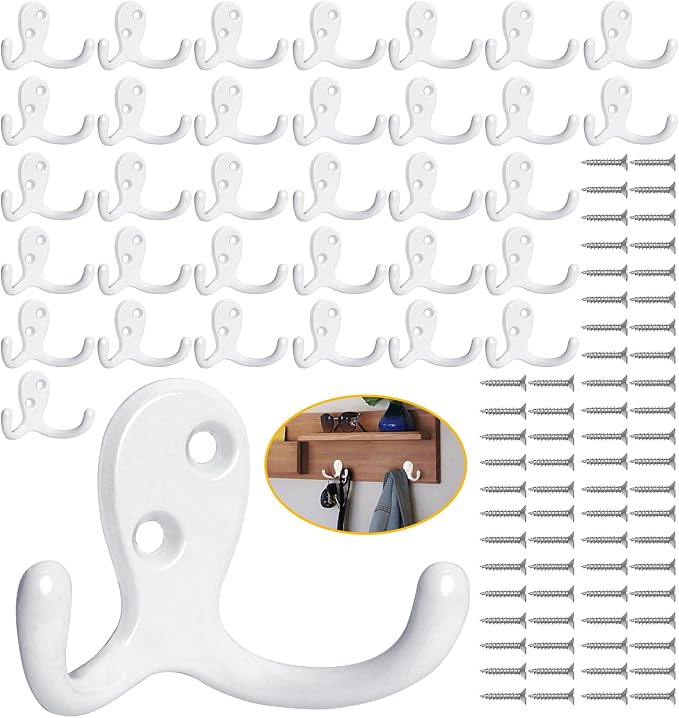Homanu 34 Pack Coat Hooks, Heavy Duty Double Prong Coat Hooks Wall Mounted by Homanu