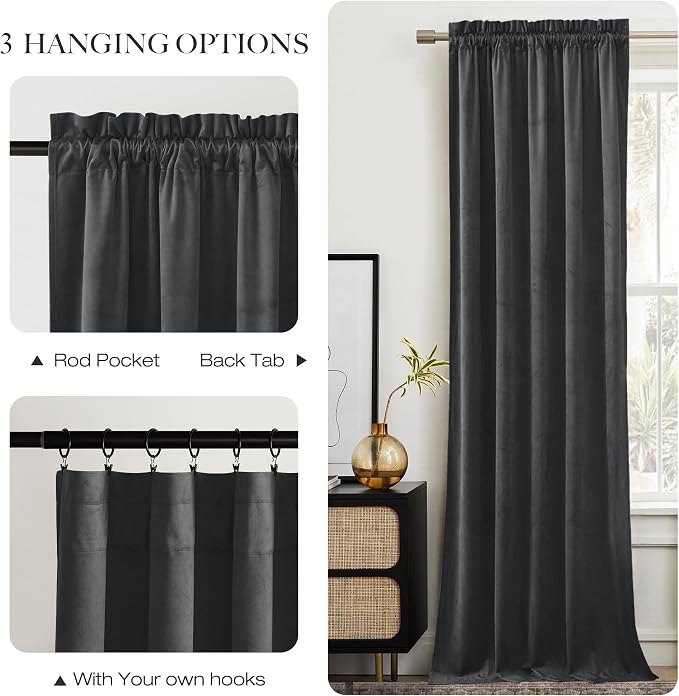 NICETOWN Grey Velvet Curtains 84 inches, Sound Reducing Heavy Matt Solid Rod - Image 3