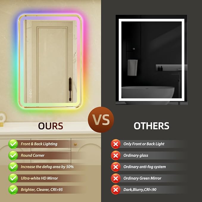 24x36 Inch Gold Framed LED Bathroom Mirror - Image 7