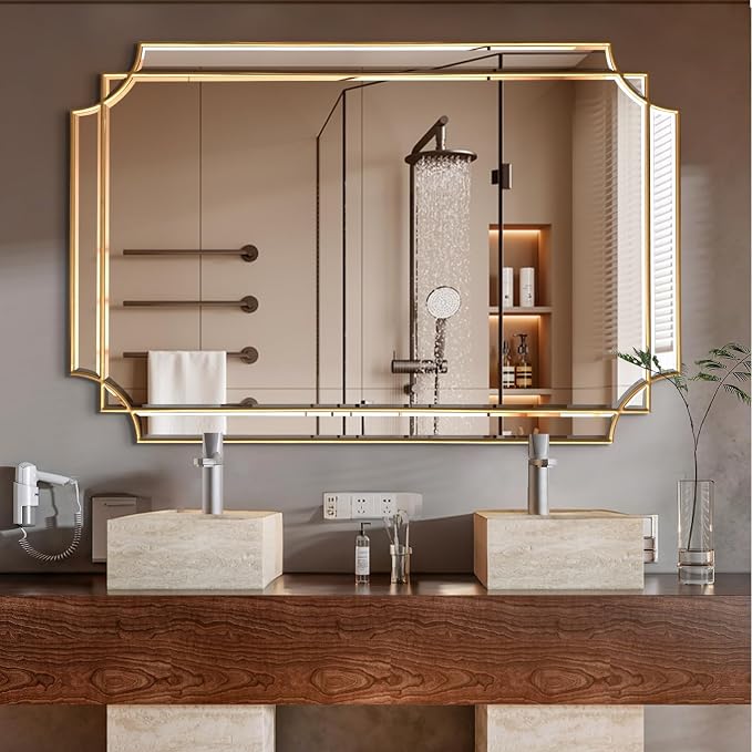 HQiJun Gold Mirror for Wall, Polished Bevelled Rectangle Mirror, Modern by HQiJun