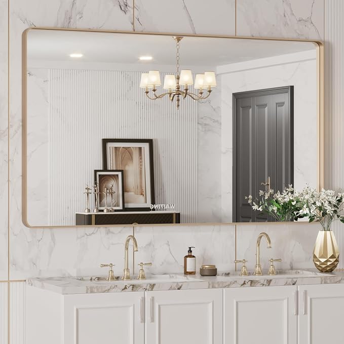 LOAAO 50”X30” Gold Bathroom Mirror, Rounded Rectangle Gold Frame Mirror by LOAAO