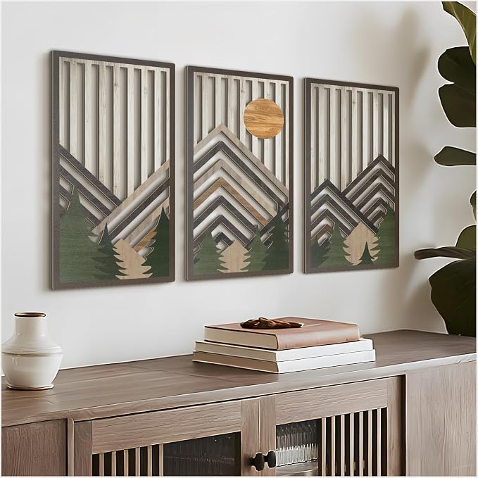 VIYYIEA Boho Solid Wood Carved Wall Art Set of 3, Geometric Minimalist Wooden by VIYYIEAART