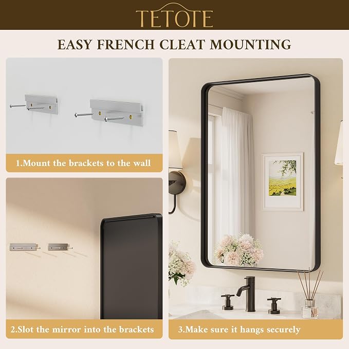 TETOTE 48 x 30 Inch Bathroom Mirror, Matte Black Modern Metal Frame Rectangle - Image 7