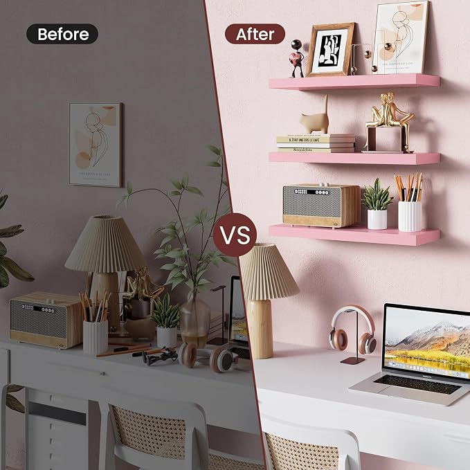 BAYKA Pink Floating Shelves for Wall Set of 3, 15.7in Wood Wall Shelves for - Image 6