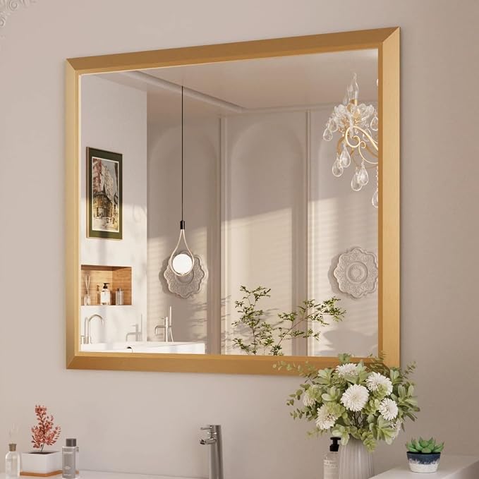 Amorho Bathroom Mirror, 40x36 Inch Golden Thick Metal Framed Wall Mirrors by Amorho