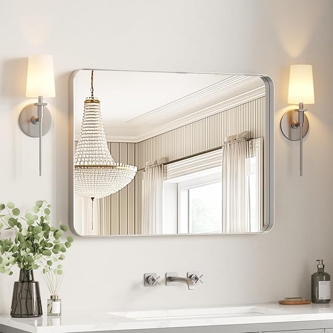 USHOWER Brushed Nickel Bathroom Mirror 30"x40", Rounded Corner, Aluminum Frame by USHOWER