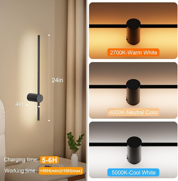 NIORSUN 24 Inch Battery Operated Wall Sconce Set of 2, 10 Colors Dimmable - Image 4