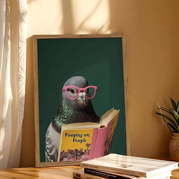 Framed Funny Pigeon Wall Art, Humorous Bird Reading Wall Decor Paintings - Image 4