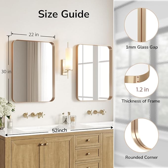 USHOWER Gold Bathroom Mirror 22"x30", Brushed Gold Rectangle Mirror - Image 2