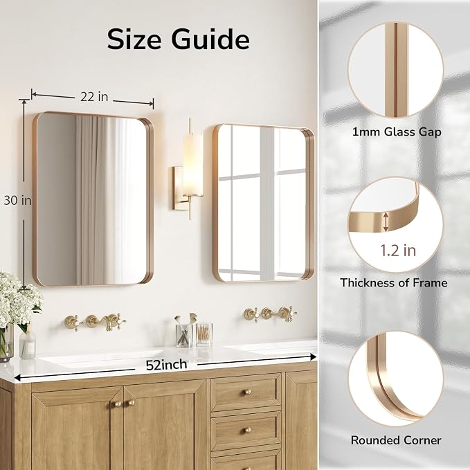 USHOWER Gold Bathroom Mirrors 22"x30" 2 Pack, Brushed Gold Rounded Rectangle - Image 2