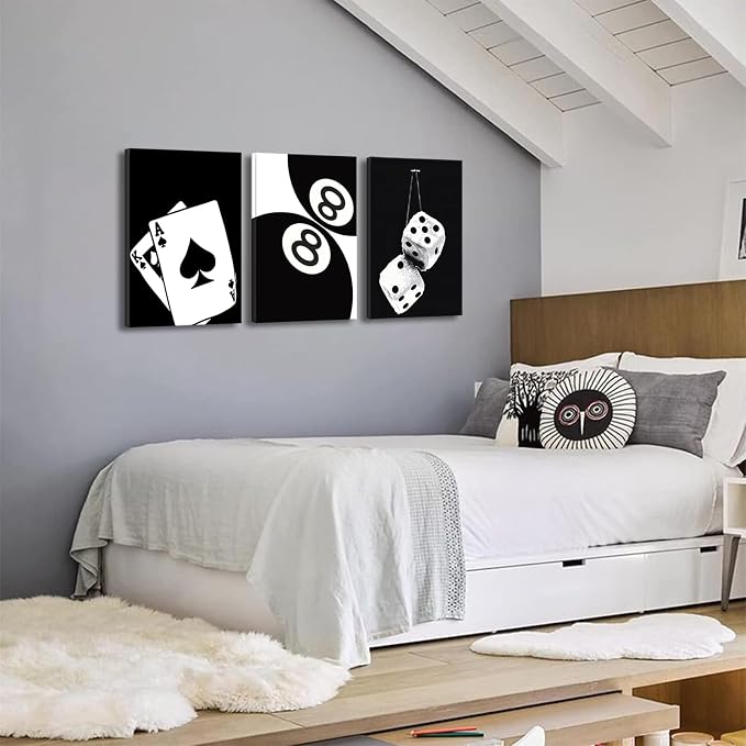 BOKPEN 3Pcs Black and White Poker Dice Canvas Wall Art Lucky You Poster Prints - Image 6