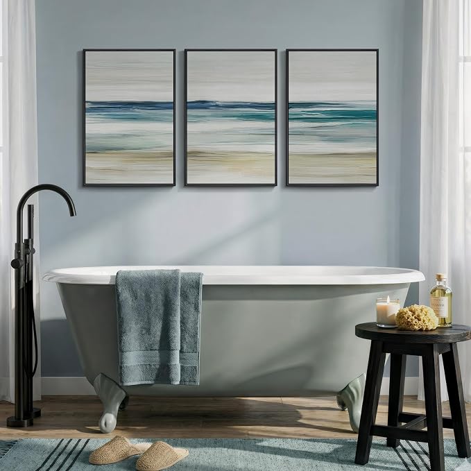 Framed Abstract Coastal Wall Art Bedroom, 3 Piece Blue Beach Landscape Canvas - Image 8