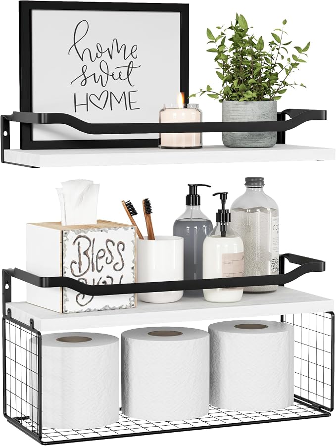 WOPITUES Floating Shelves with Wire Storage Basket, Bathroom Shelves Over by WOPITUESOfficial