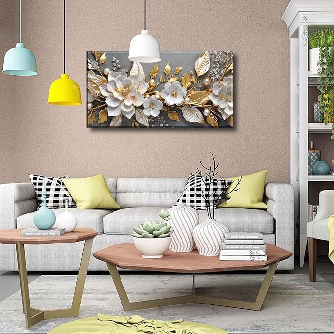 Large Living Floral Canvas Wall Art Gold White Plant Abstract Decor painting - Image 3