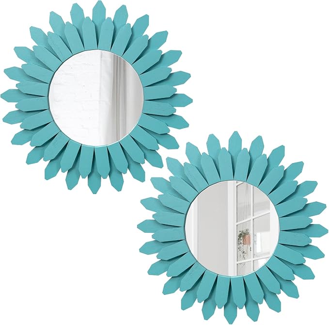 Honiway Beach Wall Decor Mirror 2 Pack 12 inch Wood Coastal Wall Decor Sunburst by Honiway