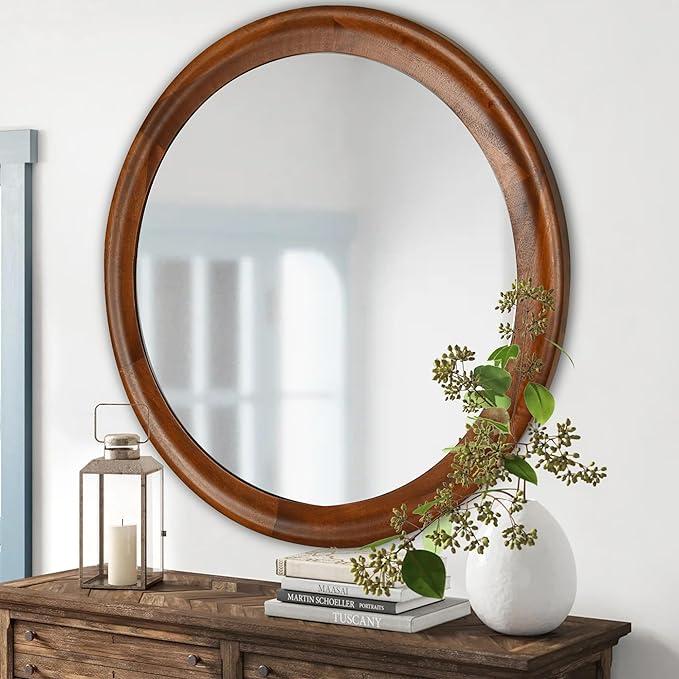 CULER Round Wall Mirrors 30 Inch, Wood Rustic Decorative Transitional Mirror by Culer