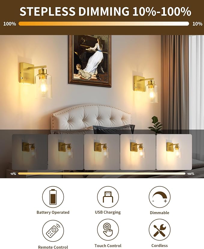 Rayogale Rechargeable Wall Sconce, Easy Install Dimmable Wireless Wall Lamps - Image 2
