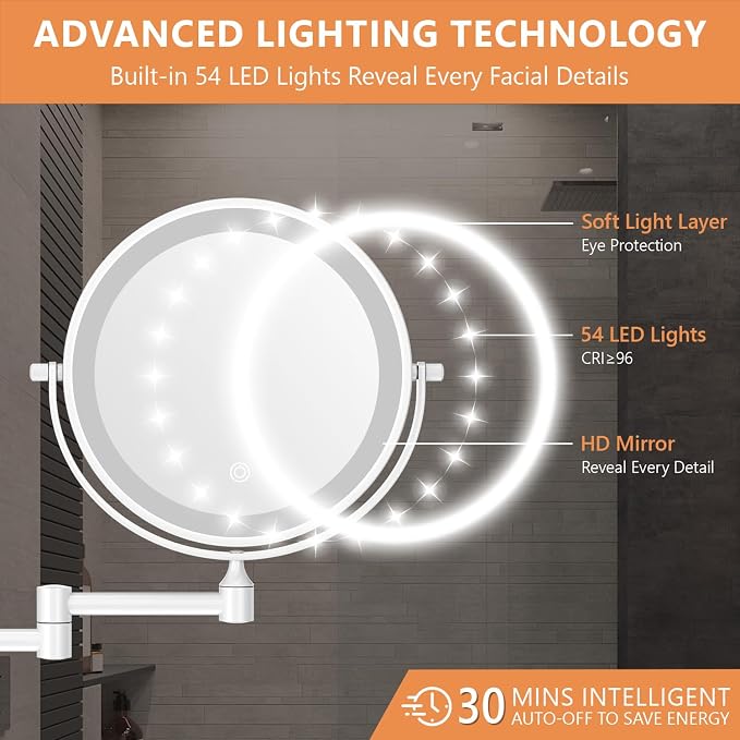 Auxmir 8'' Wall Mounted Lighted Makeup Mirror, 3200mAh Rechargeable - Image 7