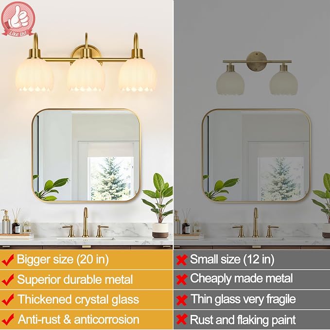 Bathroom Light Fixtures, 3-Light Gold Vanity Light Fixtures - Image 4