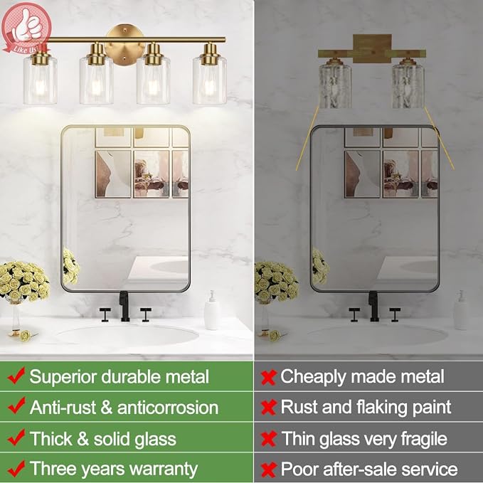 4-Light Bathroom Light Fixtures, Brushed Gold Modern Vanity Lights Over Mirror - Image 3