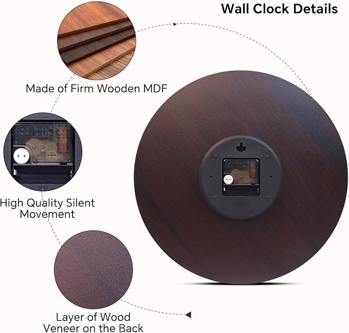 8 Inch Wall Clock Easy to Read Arabic Numerals Wooden Round Wall Clock Silent - Image 6