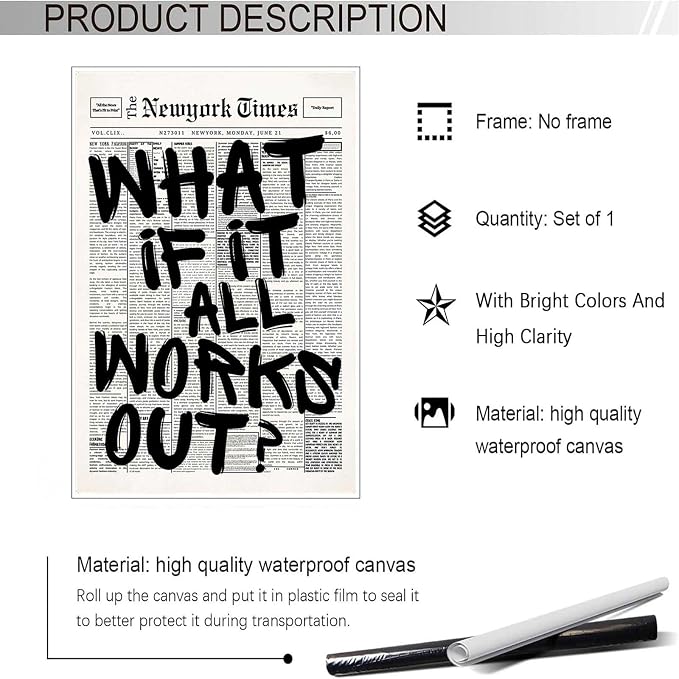 Retro Black And White Newspaper Poster What If It All Works Out Canvas Wall Art - Image 2