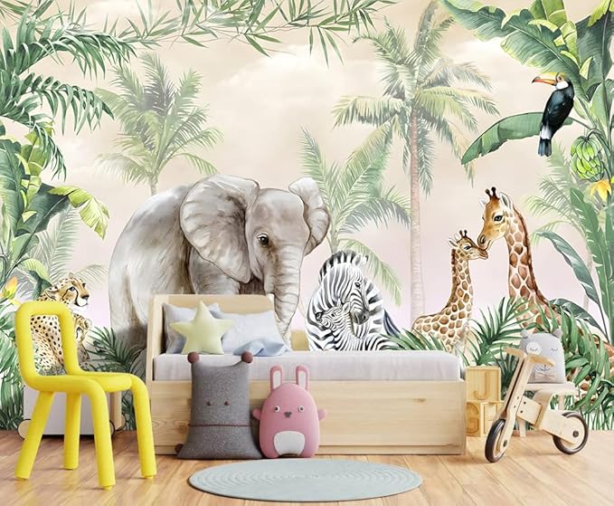 Tropical Animal Plants wallpeper Nursery Kids Bedroom Elephant wall Mural by WXHFM