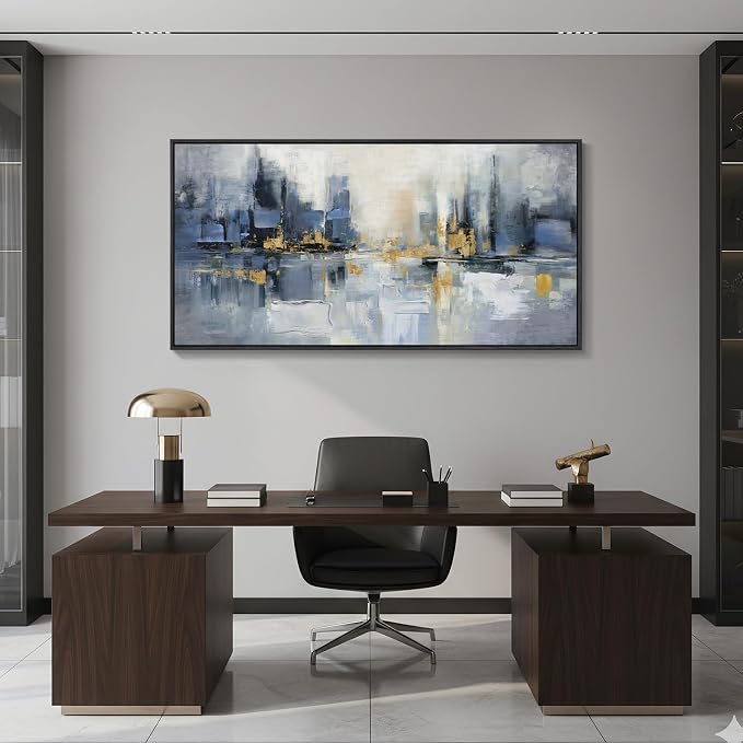 Framed Blue Abstract Wall Art for Living Room, Extra Large Modern Cityscape - Image 3
