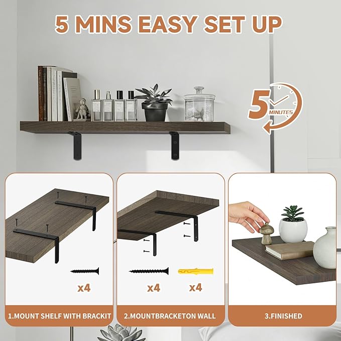 Easy Install Floating Shelves, 15.7 Inch Wall Mounted Wood Shelf, Hanging Shelf - Image 2