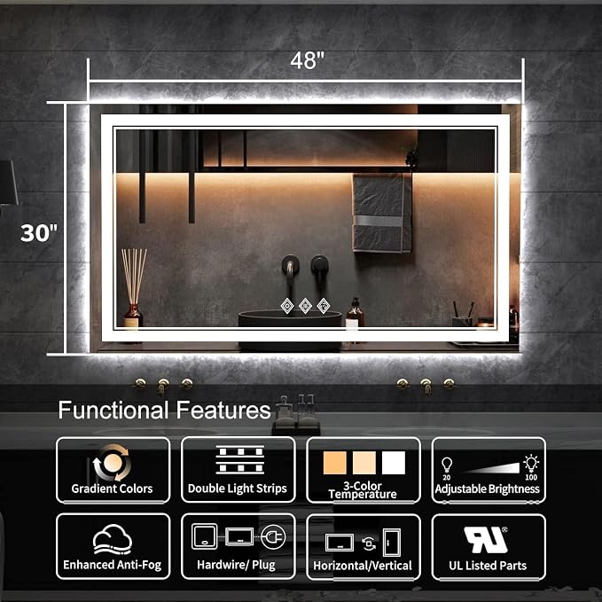 LED Vanity Mirror, 48x30 Inch Gradient Front and Backlit LED Mirror - Image 2