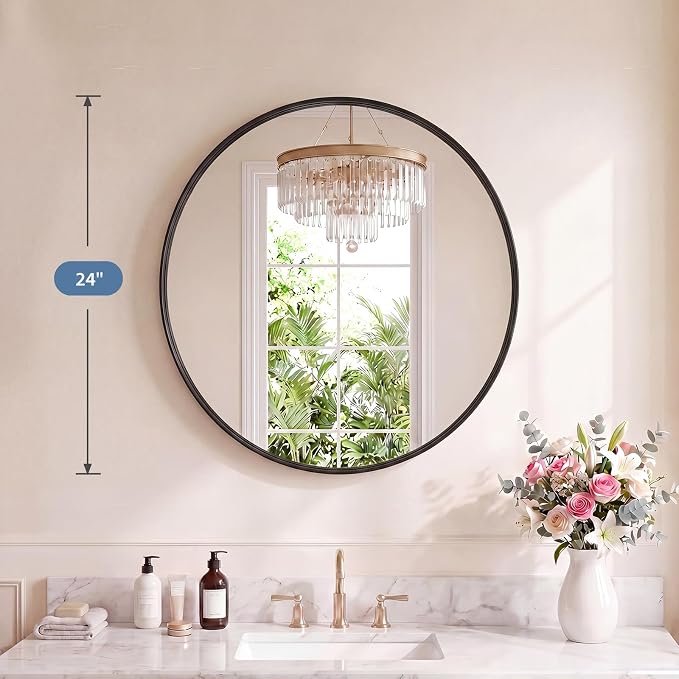 DUMOS 24-Inch Round Wall Mirror, Bathroom Wall Circle Mirror - Image 2
