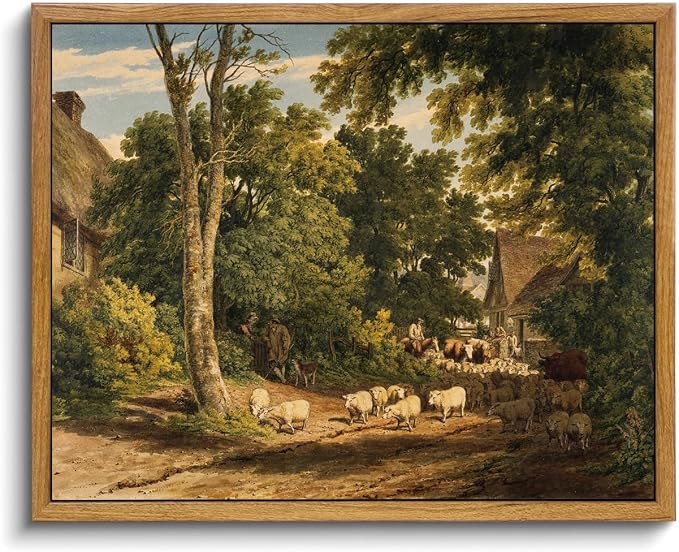 OIQArtOIQ Vintage Framed Wall Art Rural Farm Scene Canvas Art Prints by OIQArtOIQ