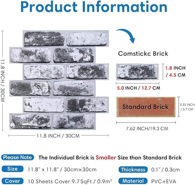 COMSTICKC 3D Faux Brick Wall Panels Peel and Stick Wall Stickers, Small Size - Image 4