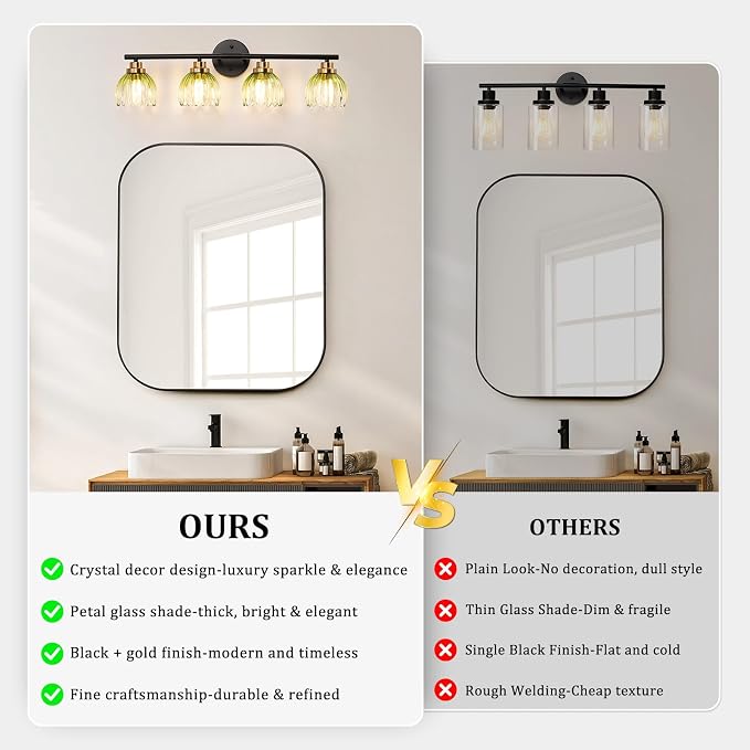 TALOYA Bathroom Vanity Light Fixtures, 4-Light Modern Black and Gold Wall Lights - Image 6