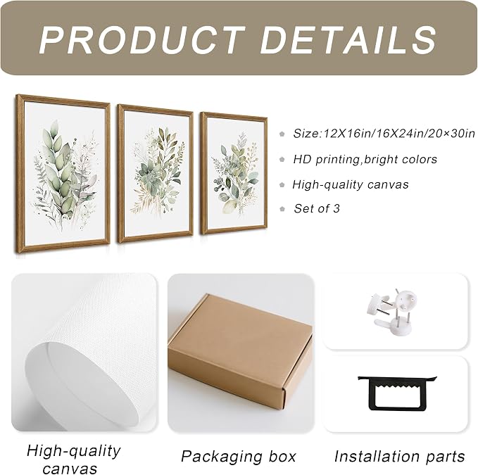 WRFON Framed Sage Green Botanical Wall Art Set of 3, Watercolor Eucalyptus & - Image 6