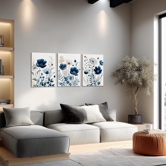 LLEEMPI Framed Navy Blue Floral Wall Art Set of 3, Modern Wildflower Wall Decor - Image 3