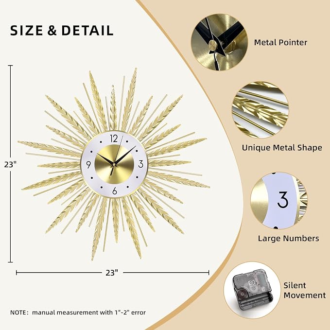 23 inch Gold Starburst Wall Clock, Silent Non-Ticking Large Modern Starburst - Image 2
