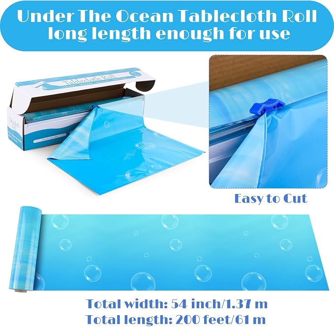Kochorie 54 Inch x 200 Ft Ocean Waves Plastic Tablecloth Roll in Slide Cutter - Image 2