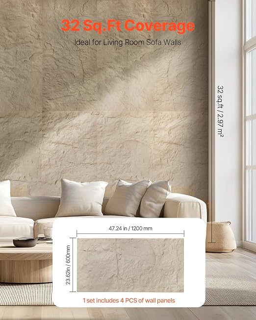 VEVOR 3D Wall Panels, 4 Pack 48 x 24 in PU Natural Stone Imitation Wall Art - Image 5