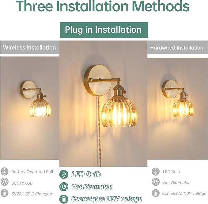 Shenmoyl Plug in Wall Sconce, Amber Tulip Glass Lampshade Wall Light Plugin - Image 2
