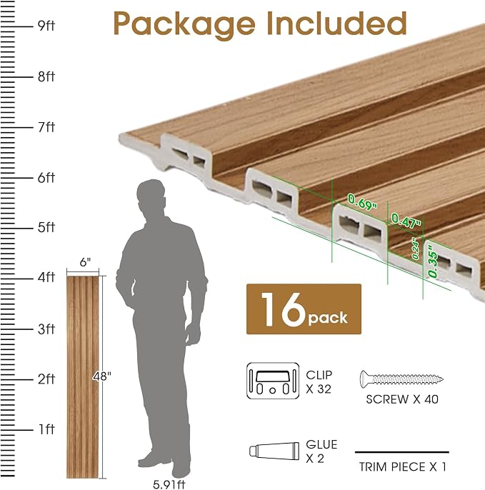 WPC Slat Wall Panels 16 Pack 48" x 6", Waterproof Fluted Wall Paneling - Image 4
