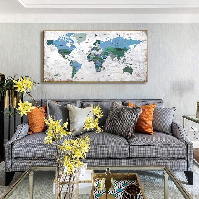 Framed Wall Art World Map Wall Art Canvas Picture 30inchx60inch Large Blue Map - Image 6