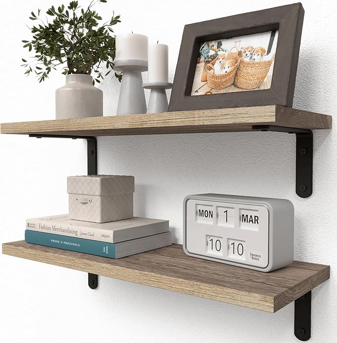 RICHER HOUSE Rustic Wood Shelves Set of 2, Farmhouse Style Floating Shelf by RicherHouse