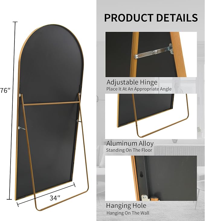Beauty4U Arched Full Length Mirror 76" x 34", Floor Standing & Wall Mounted HD - Image 5
