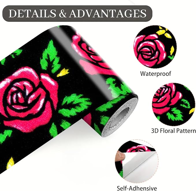 Red Rose Wall Border 196x4 Inch Peel and Stick Floral Wallpaper Border Black - Image 8