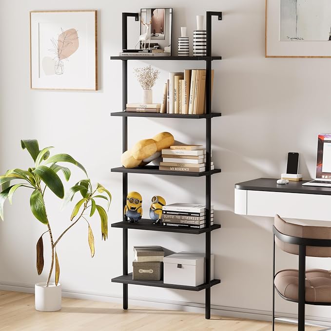 aboxoo Ladder Shelf 2PCS Open Bookshelf 5-Tier Wood Wall-Mounted Black Bookcase - Image 5
