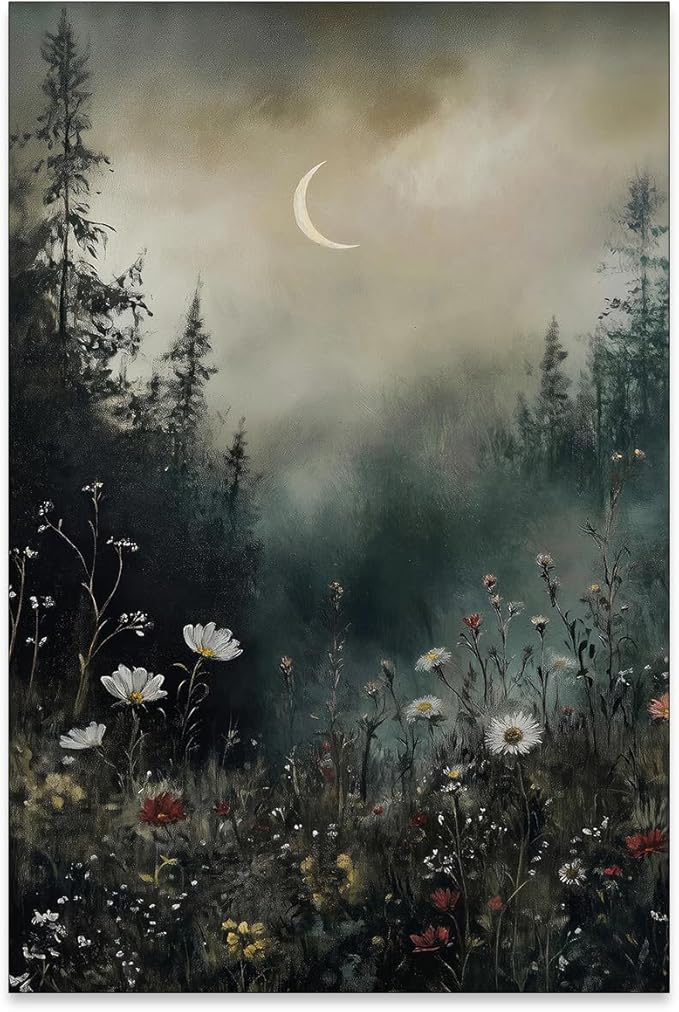 rumlud Dark Flower Field Poster Vintage Moody Academia Wall Art Nature Black by rumlud