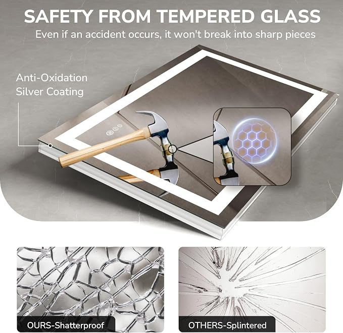 USHOWER LED Bathroom Mirror 28x36 Inch Tempered Glass - Image 7