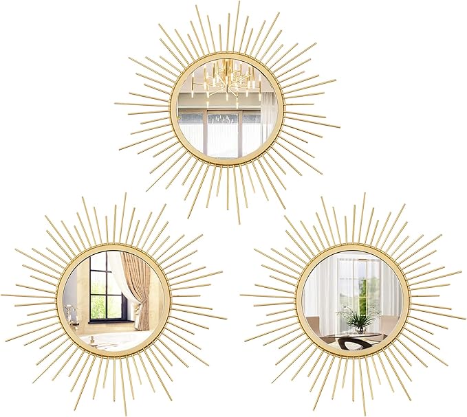 3 Set Gold Sunburst Mirrors for Wall Decorative Metal Mirrors Small Mirror Sets by Cityelf