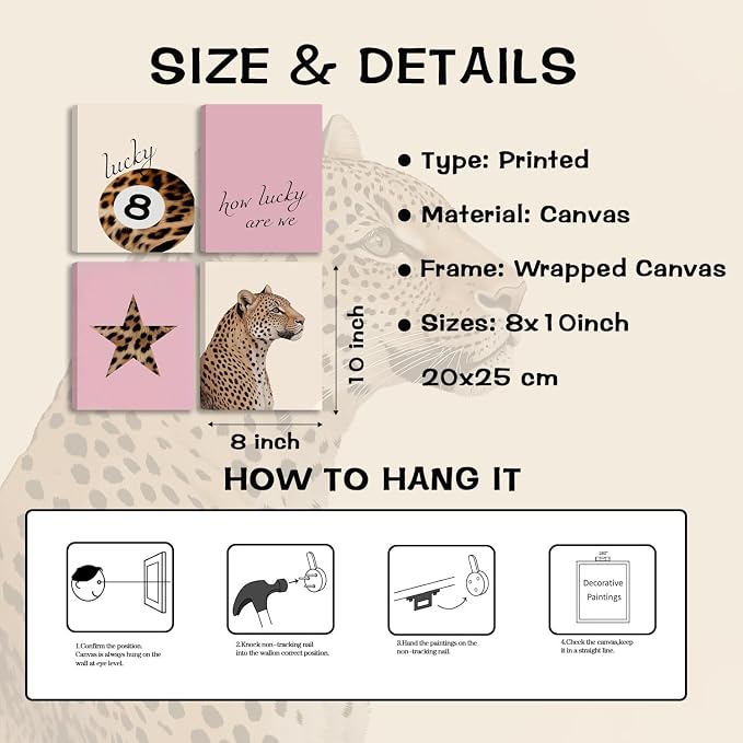 SEHSUVC Pink Lucky Leopard Wall Art Set of 4, Vintage Y2K Preppy Aesthetic - Image 3